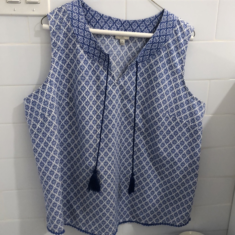 Talbots 100% cotton sleeveless shirt XL pretty blue great banded effect neckline